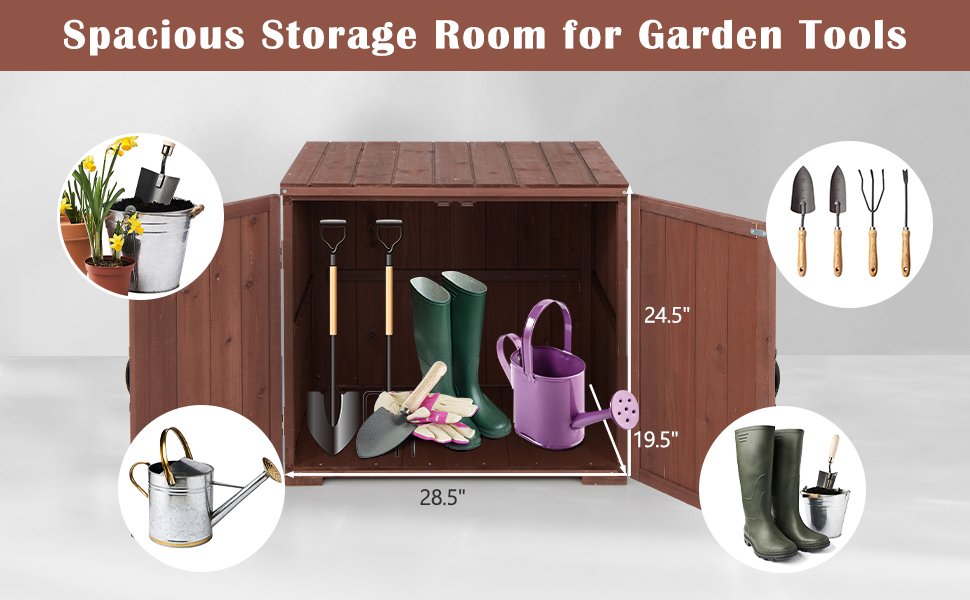Efficient Storage Solution: Measuring a spacious 27" x 18.5" x 27" internally, our storage shed offers ample space to organize and conceal your gardening tools, pool supplies, and lawn care equipment. Say goodbye to clutter and welcome a tidy outdoor space with this compact yet capacious storage solution.