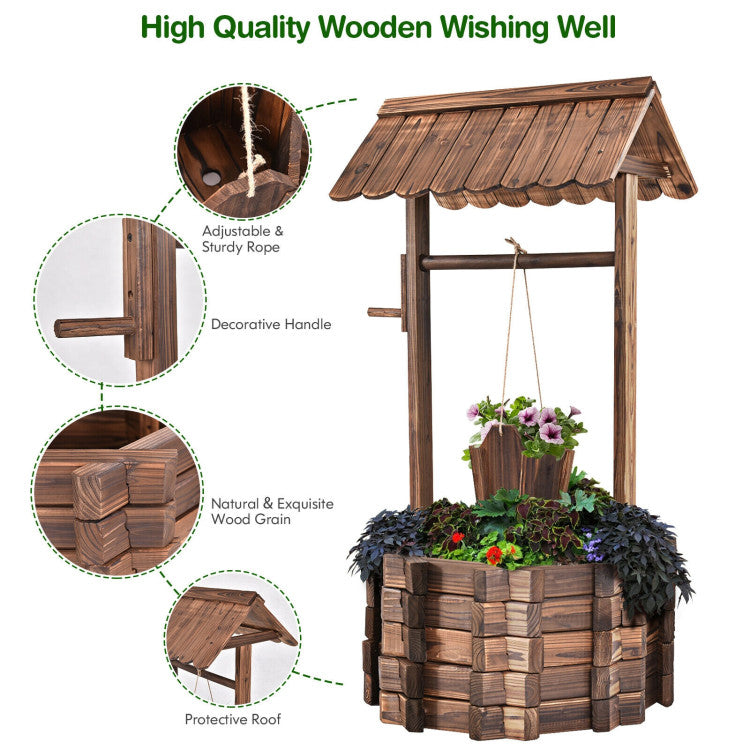 Long-Lasting Usage: Crafted from solid fir wood and treated with a carbonized surface, our wishing well planter and bucket are built to withstand the elements, ensuring long-lasting usage throughout the seasons. Invest in a garden feature that will stay beautiful for years to come.