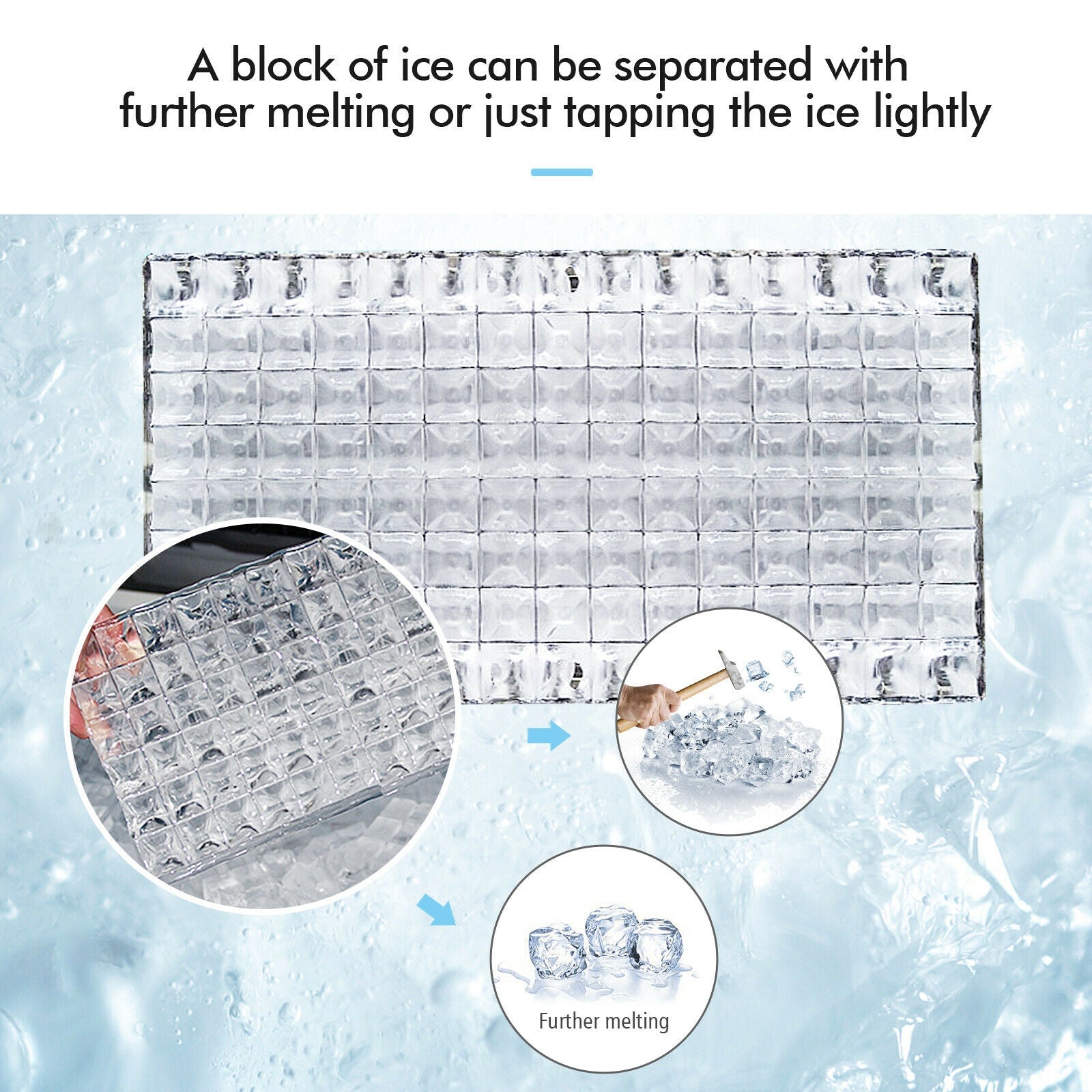 Rapid Ice Production: This commercial ice maker offers convenient and efficient ice-making capabilities. It can produce 48 clear ice cubes in just 12 to 18 minutes per cycle, and up to 110 lbs of ice in a 24-hour period. Each ice cube is a standard size of 0.9" x 0.9" x 0.9", making it ideal for mixed drinks or fitting into small water bottle openings.