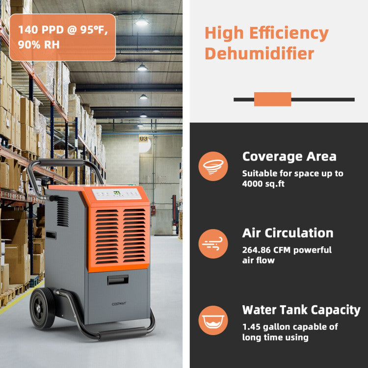 Commercial-Grade Dehumidification: This industrial dehumidifier boasts an impressive 140 Pints Per Day (PPD) dehumidifying capacity, making it ideal for large commercial spaces such as basements and warehouses up to 2000 sq ft. Its robust airflow of 264.86 CFM ensures rapid moisture removal.