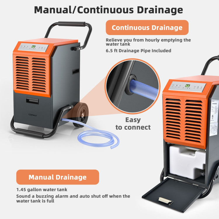 Versatile Drainage Options: Choose between manual and continuous drainage options based on your preferences. The unit comes with a drainage pipe included for added convenience.