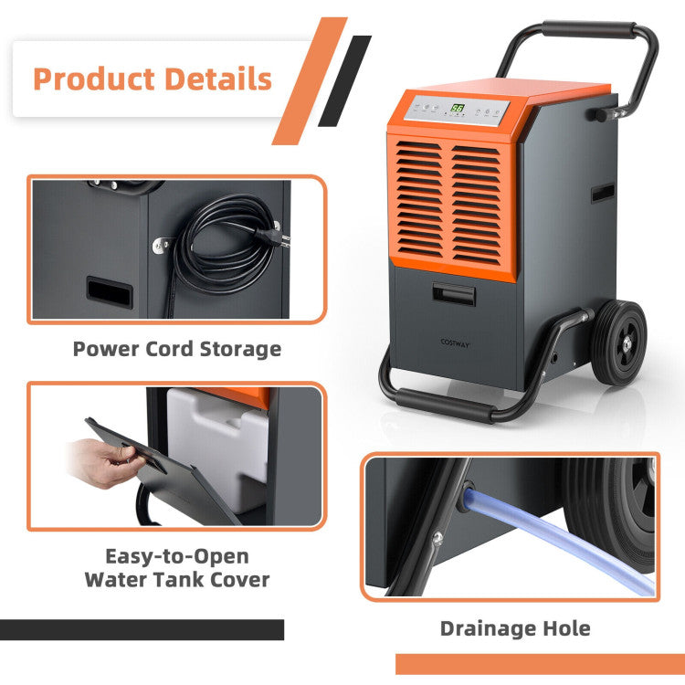Rugged Construction and Safety Features: Built to last, this commercial dehumidifier features a high-strength steel frame that resists deformation. It includes overflow protection with a built-in alarm and auto-shutoff when the water tank is full, ensuring safe and worry-free operation.