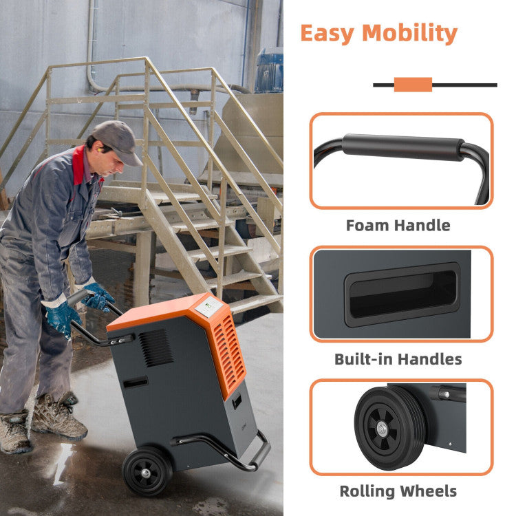 High Mobility and Portability: With built-in rolling wheels and a comfortable foam handle, you can effortlessly move this commercial dehumidifier wherever it's needed. It also includes sturdy support frames for stability and two side handles for easy lifting.