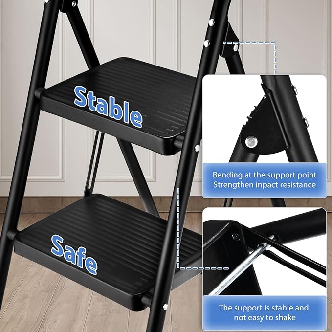 Robust and Reliable: Step up to the next level with our kitchen step stool's heavy-duty metal frame, designed with a triangular structure for maximum stability. The anti-slip foot pads grip surfaces securely, preventing any unwanted movement during use.
