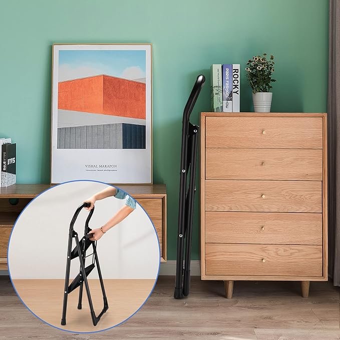 Streamlined for Storage: Streamlined for storage, this portable stepladder folds effortlessly after use. Occupy minimal space in your closet or behind a door, always ready for its next climb whenever you need that extra boost.