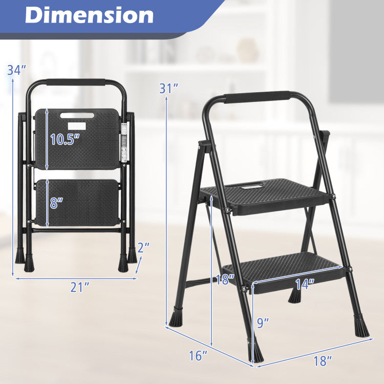 Product Information: Unfolded dimensions of 16" x 18" x 31" (L x W x H), folding down to a mere 21" x 2" x 34" (W x D x H), with a top standing platform size of 10.5" x 14" (L x W). This fully assembled folding step stool is your go-to solution for reaching new heights effortlessly.