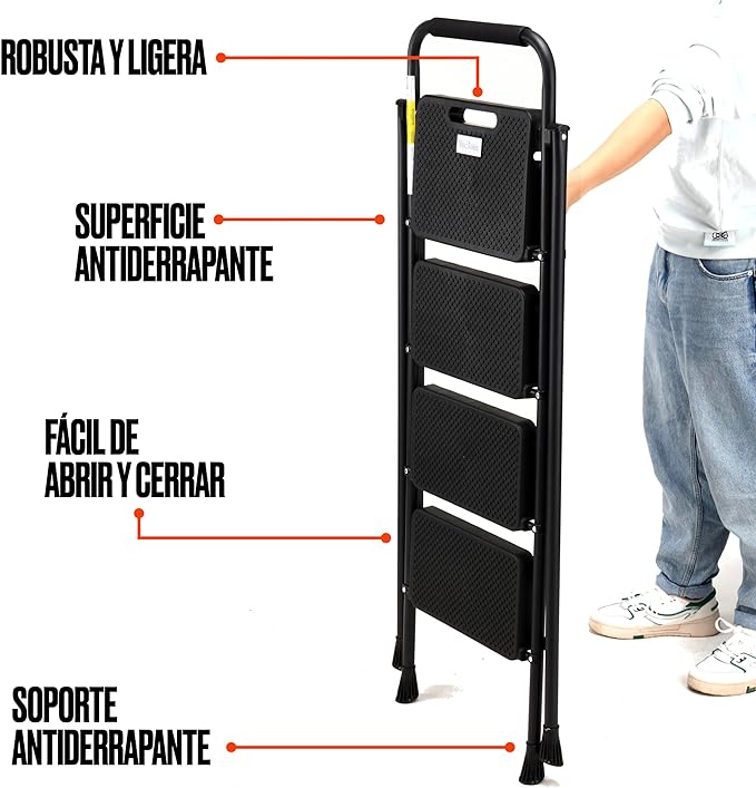 Streamlined for Storage: Streamlined for storage, our portable stepladder folds effortlessly after use. Easily tuck it away in a closet or behind a door – this compact stepping stool takes up minimal space and is always ready for your next ascent.