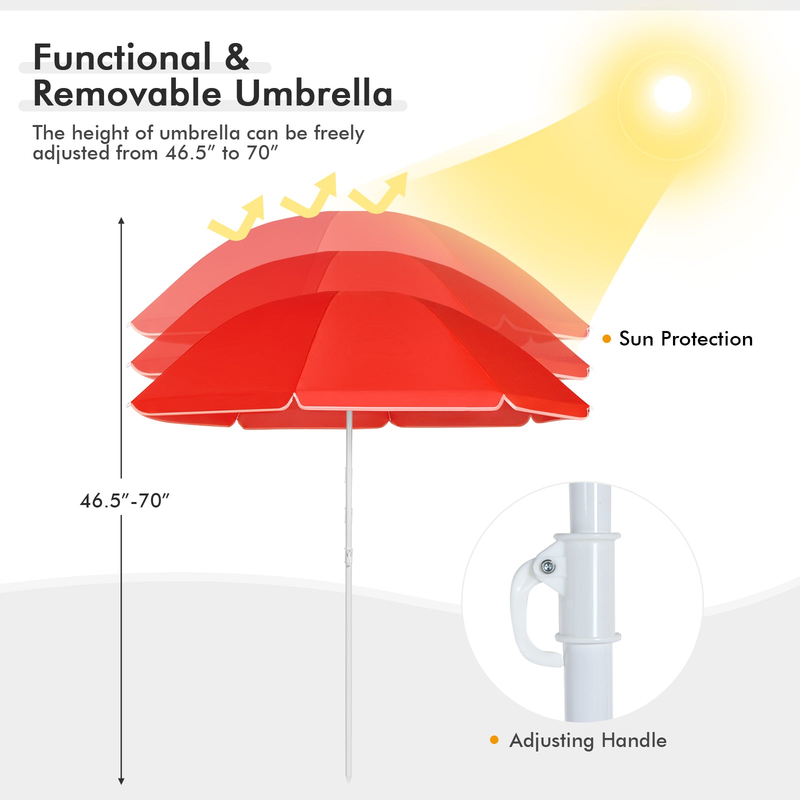 Adjustable and Detachable Umbrella: The height of the patio umbrella can be easily adjusted from 46.5" to 70", allowing you to customize it according to your specific location and preferences. The umbrella is constructed with sturdy steel ribs to provide reliable protection against direct sunlight. In case of cloudy weather, the umbrella can be conveniently detached. Its pointed bottom ensures easy insertion into sand or soft ground.