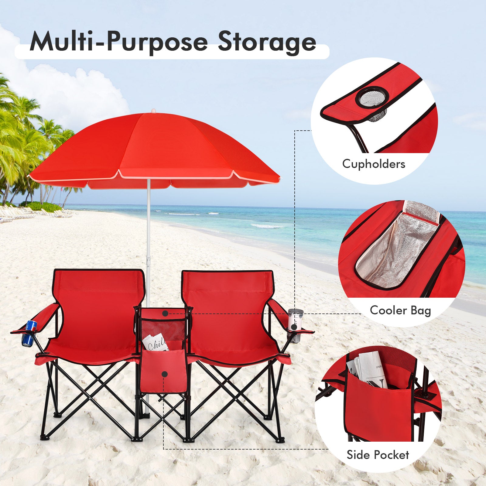 Considerate and Practical Features: These double folding camping chairs are equipped with a built-in mini table that includes a cooler bag, a side pocket, and beverage holders for added convenience. The cooler bag keeps your drinks cold and easily accessible, while the beverage holders provide a secure place to hold your beverages. The side pocket is ideal for storing magazines or other personal items.