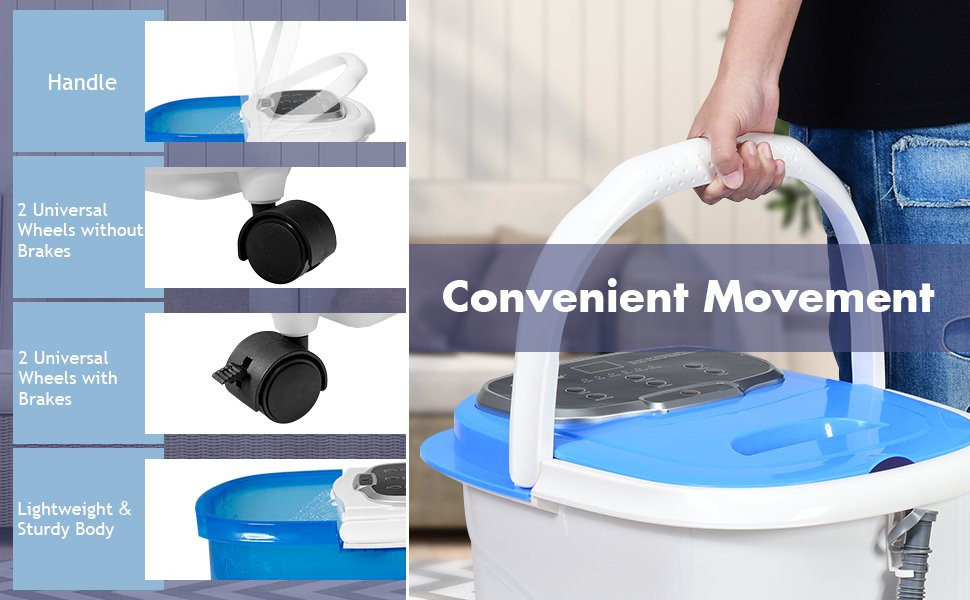 Thoughtful Design Details: Features an automatic drain for easy water removal. The LED screen ensures user-friendly operation, even for the elderly. Equipped with a portable handle and four universal wheels for effortless mobility, storage, and transport.