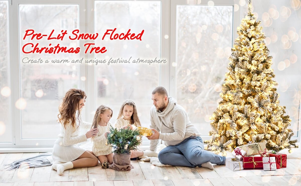 Lush and Realistic Snow-Flocked Design: Our artificial hinged Christmas tree boasts a dense appearance with an abundance of branch tips, creating a full and lifelike tree. The snow-flocked leaves transport you to a winter wonderland, adding a magical touch to your living space and infusing it with the joy of the holiday season.