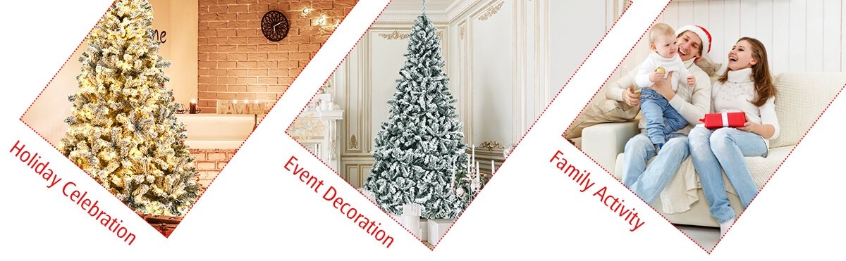 Brilliant LED Illumination: This pre-lit snow-flocked Christmas tree comes adorned with warm LED lights, offering a stunning and long-lasting decorative glow. It's the perfect centerpiece for homes, apartments, shops, hotels, and more, casting a unique and enchanting Christmas radiance.