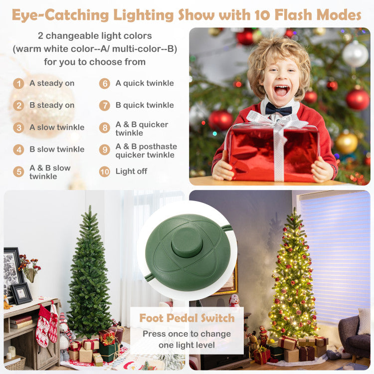 Mesmerizing Dual-Color Lighting: Elevate your holiday with our pre-lit Christmas tree adorned with 180 dual-color LED lights. Choose between warm white or vibrant colorful lighting, and explore 10 dazzling light modes to captivate your guests.