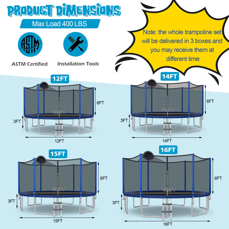 3-Box Delivery for Easy Setup: Get your trampoline in 3 convenient boxes, with instructions and tools in the first box. Effort-saving assembly with a self-locking net pole system.