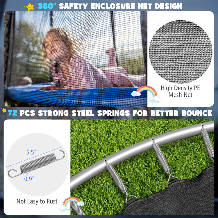Safety is Top Priority: Our trampolines meet ASTM standards, providing worry-free play. 360° safety net and foam covers prevent accidents. The safety pad covers the mat-frame gap.