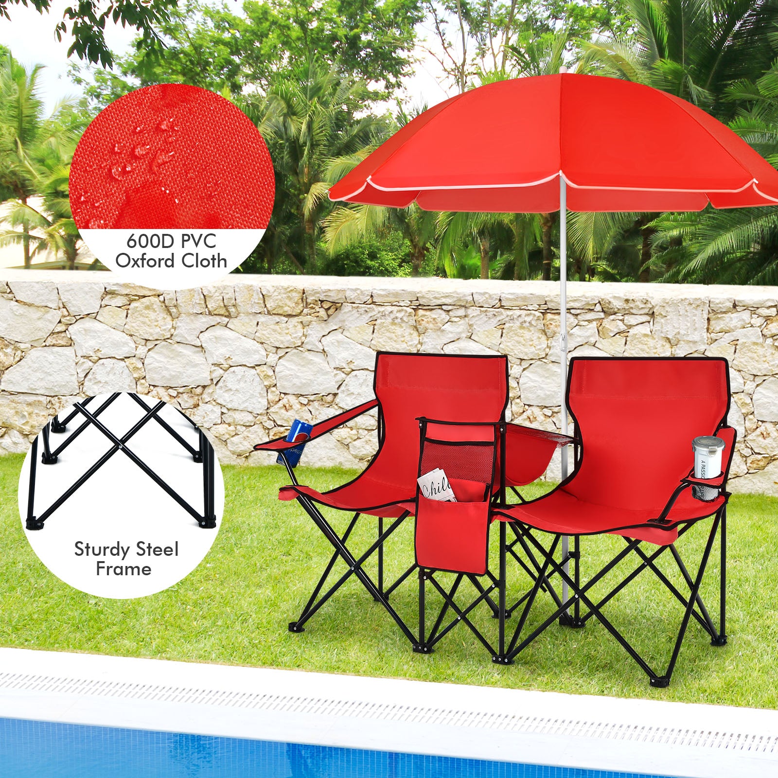 Weather-Resistant Materials: To withstand outdoor conditions, these loveseat camp chairs are made with waterproof Oxford cloth and a rustproof steel frame with a powder-coated finish. The sturdy X-shaped design and anti-slip foot pads ensure each chair has a strong loading capacity of up to 270 lbs.