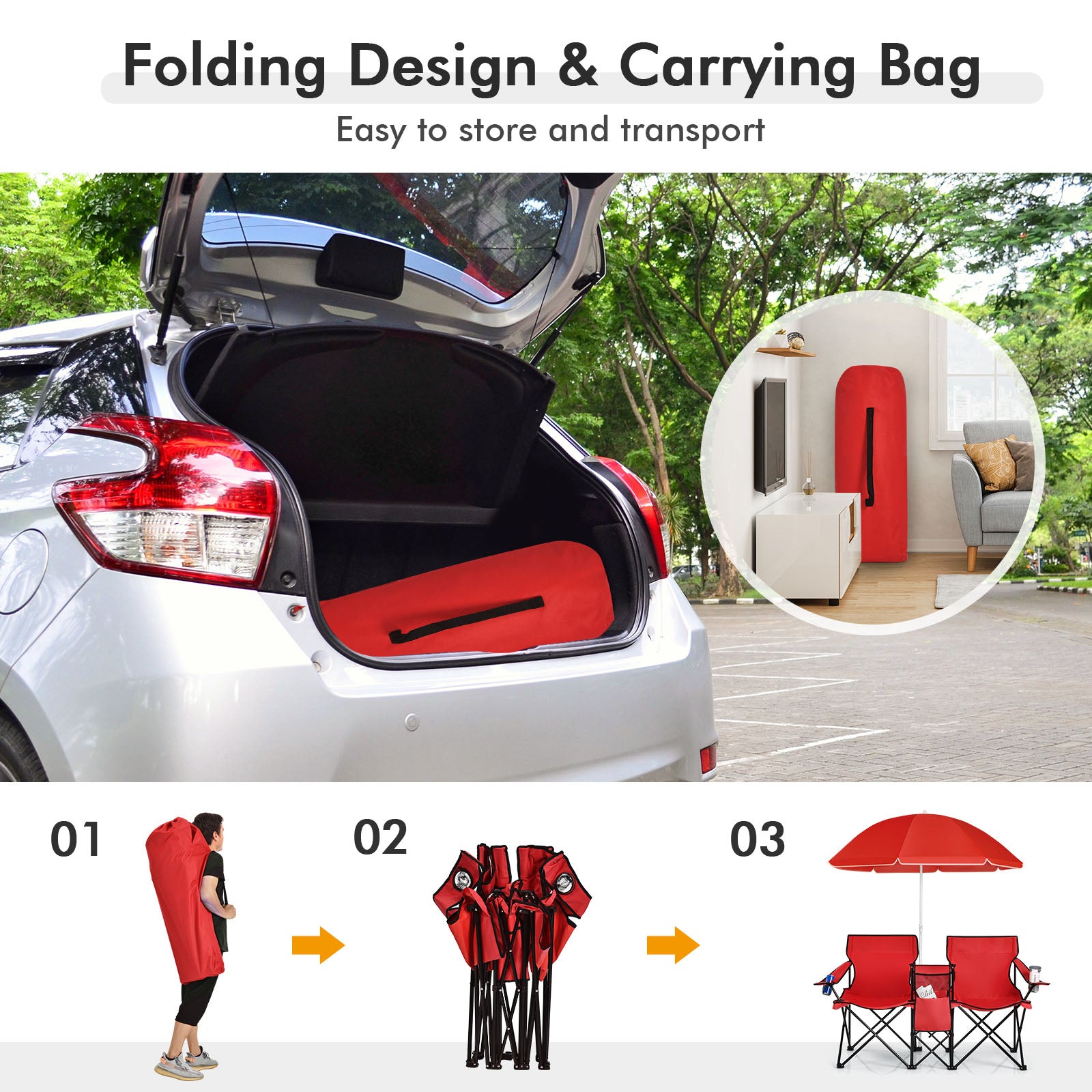 Foldable and Portable Camping Chairs: Both the chairs and umbrella can be effortlessly folded into compact sizes for easy storage and transportation. The included bag allows you to conveniently carry and store the folding picnic chairs and umbrellas, making them ideal for outdoor activities.