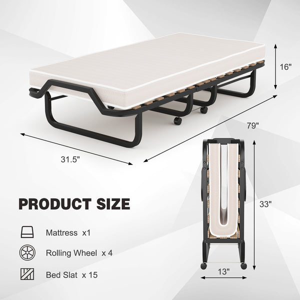 Easy Assembly and Portability: Clear assembly instructions and all necessary tools are provided, making the setup process of this folding bed quick and hassle-free. Additionally, equipped with four smooth-rolling wheels, the bed can be effortlessly moved to any desired location with ease.
