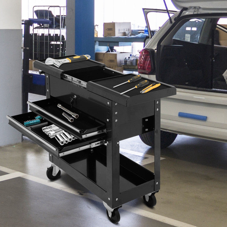 Smart Storage Solutions: Maximize organization with 2 drawers, a sliding top for additional tool storage, and a bottom tray for larger equipment. Ample space for all your tools, big and small.