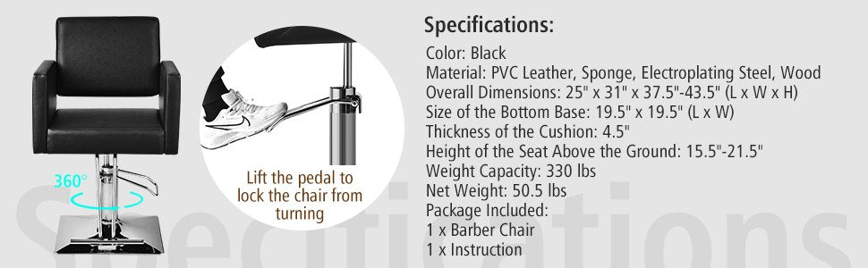 Versatile 360° Swivel & Easy Assembly: Revolutionize your styling sessions with a chair that moves with you. Our salon chair swivels 360°, making it ideal for hair cutting, design, and makeup applications. The easy assembly process, guided by straightforward instructions, ensures a hassle-free setup. Unlock the potential of your salon with a chair that combines style, comfort, and functionality.