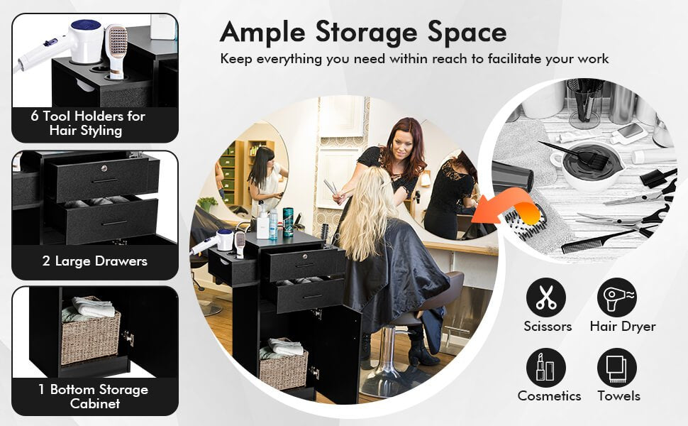 2 Drawers and 1 Large Cabinet: Elevate your salon or beauty space with our salon storage station featuring 2 drawers, 1 large cabinet, and a spacious top for showcasing your favorite tools. Keep your valuables safe with a lock and 2 keys, and enjoy the convenience of organized storage for towels and heavy supplies.