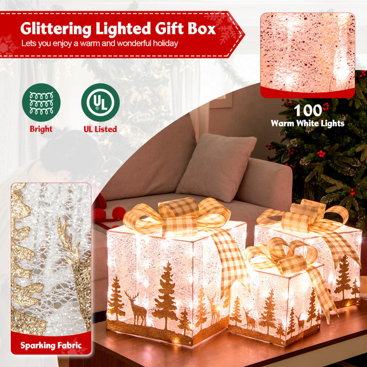 Illuminate Every Corner: Transform your space with our set of 3 lighted gift boxes featuring 100 warm white lights. Create a cozy and enchanting atmosphere for any event, radiating warmth and charm.