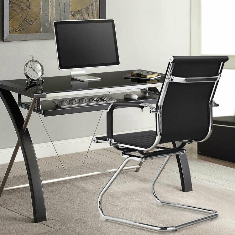 Timeless Elegance: Embrace classic office aesthetics with our sleek black chair featuring a distinctive sled base. Perfect for meeting rooms, conference areas, reception spaces, and more, this chair seamlessly combines style and practicality to enhance your office decor.