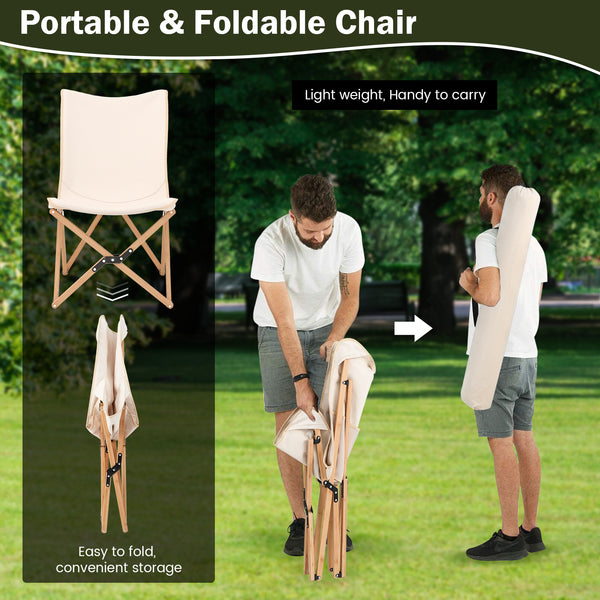 Set of 2 Portable Bamboo Thickened Canvas Beach Chair with Storage Pocket for Outdoor Camping and Fishing