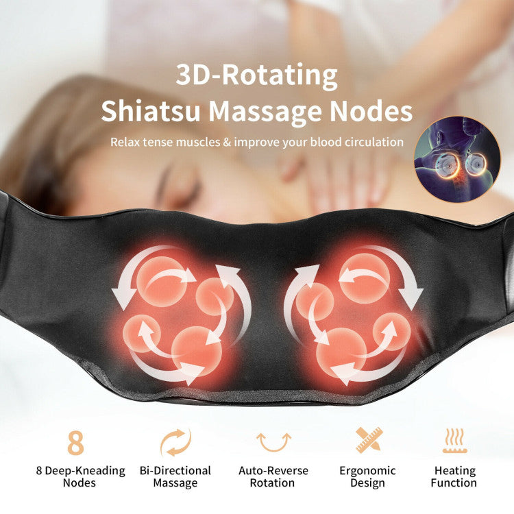 8 Deep-Shiatsu Kneading Nodes & Adjustable Intensity: With our neck massager's 8 powerful 3D-rotating nodes. Targeting neck stiffness and muscle soreness, it offers adjustable intensity levels, ensuring the perfect pressure for your comfort and relief.