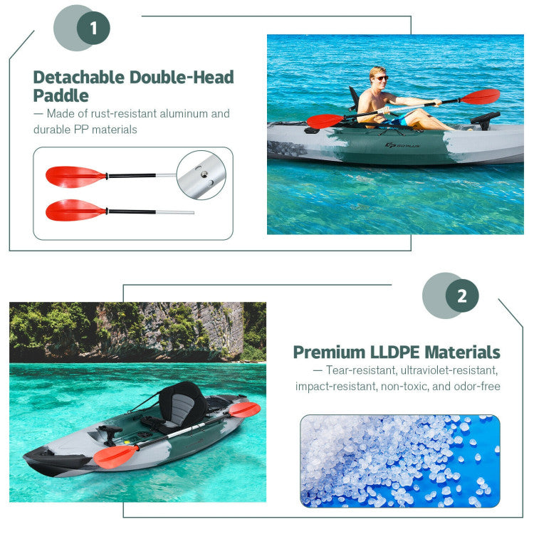 Durable Construction for Longevity: This sit-on-top kayak is crafted from tough and eco-friendly LLDPE material, ensuring excellent wear and impact resistance for a long-lasting performance. It includes a detachable double-head paddle made of rust-resistant aluminum and durable PP materials.