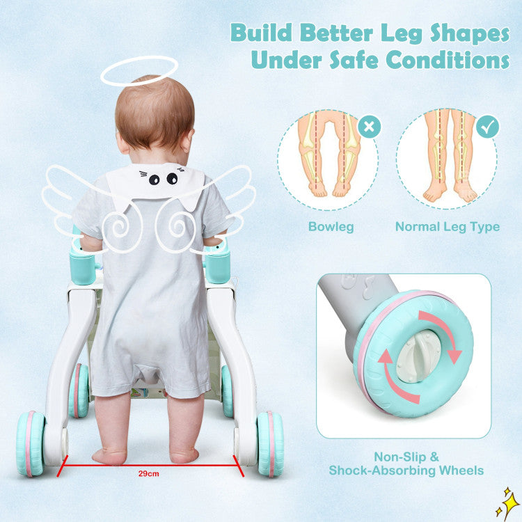 ● Shock-absorption Wheels with Speed Control: Equipped with four wheels for easy mobility, children can move it to anywhere on any surface. The anti-slip rubber ring on each wheel can increase friction, improve shock absorption. Rear wheels can be adjusted to slow/fast speed to suit toddlers of different stages of walking.