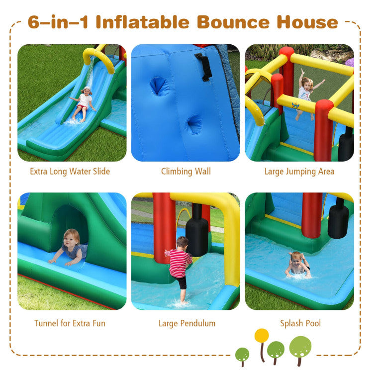 Endless Fun and Water Play: This inflatable bounce house is a bundle of excitement, featuring a long slide, a climbing wall, a splash pool, a tunnel, a pendulum, and a jumping area. Kids can revel in a variety of engaging activities simultaneously. Plus, you can hook up a hose to transform it into a water park for a refreshing summer adventure.