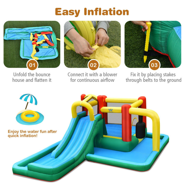Quick Inflation and Portability: Inflating this bouncy wonder is a breeze, taking just a few minutes. After the playtime is over, simply switch off the blower, deflate it, and stow it away in the provided carrying bag. Perfect for both indoor and outdoor use, from parks to basements and backyards. (Recommended for use with a 750W blower, not included.)