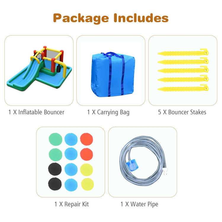 Comprehensive Accessories and Dimensions: Our inflatable water slide includes various accessories for your convenience. Five ground stakes enhance stability. A repair kit ensures easy maintenance, and the included water pipe adds to the fun. Everything packs neatly into the provided carrying bag for storage and transport.
