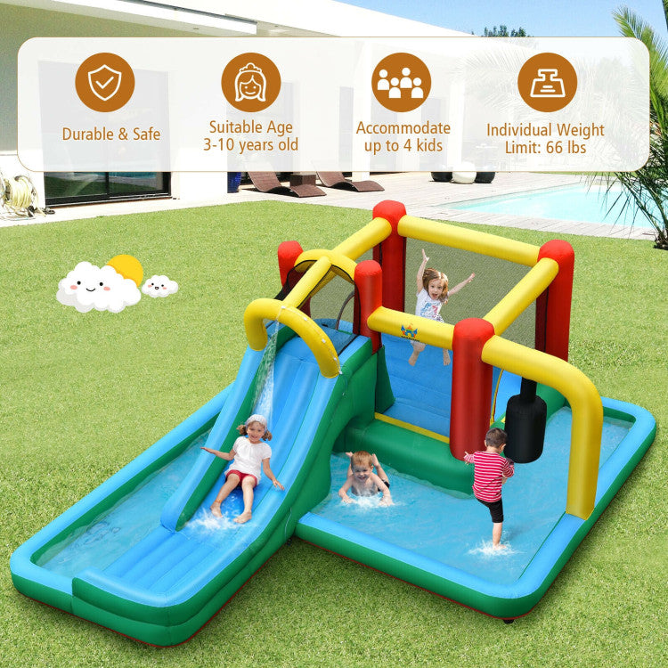 The Ultimate Kid's Gift: Packed with a variety of activities in one, this adorable inflatable water park is the ultimate gift for your little ones. It's sure to captivate their imaginations and create cherished childhood memories. Designed for up to 4 kids to play together, suitable for ages 3-10. (Suggestion: Each child's weight should be under 66 lbs.)