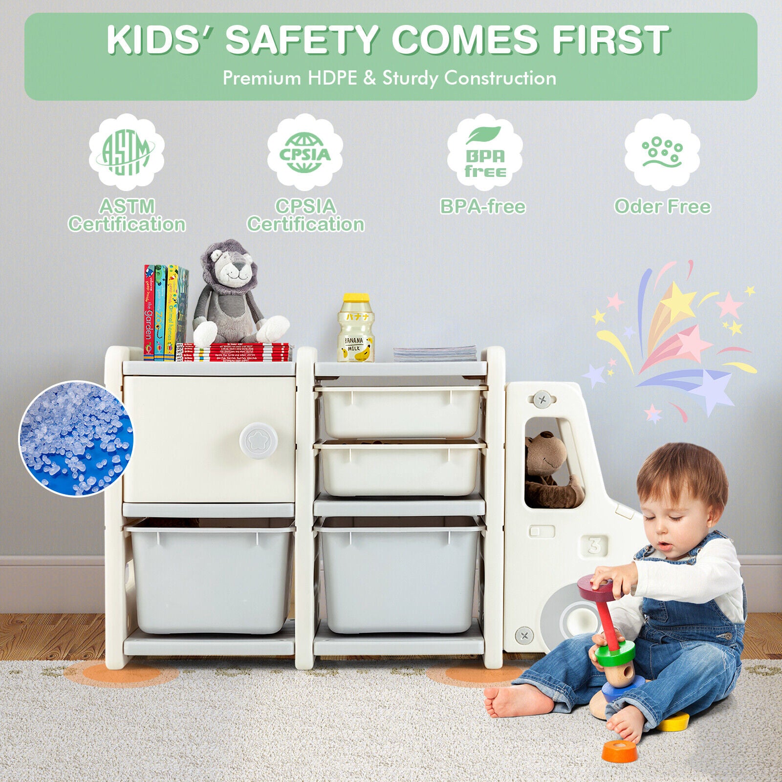 Child-Safe Material: The kids' toy organizer is made of high-quality HDPE material, which is durable, BPA-free, odorless, and safe for children. The sleek edges and rounded corners minimize the risk of bumps or scratches, while the stable construction ensures it remains steady and prevents tipping over.