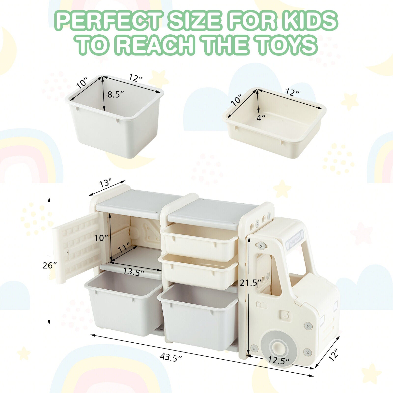 Encourages Organizational Skills: With dimensions of 43.5"L x 13"W x 26"H, this storage cabinet is designed for easy access by children. The various storage options help kids learn to categorize their belongings and develop good organizational habits.