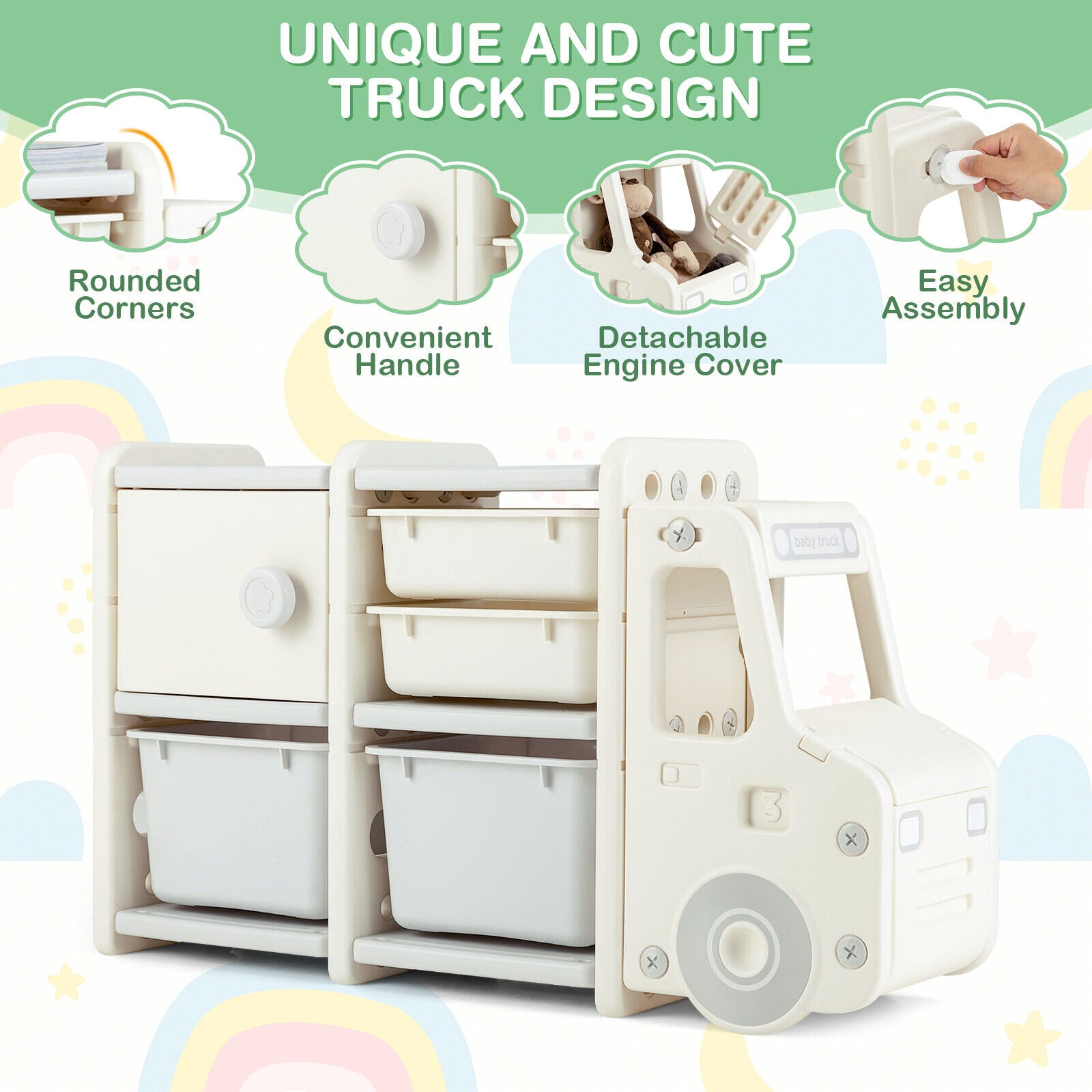Easy Assembly: The baby truck organizer is easy to assemble with its convenient interlocking design and nut fixation. The package includes an Allen key and a screwdriver, enabling you to complete the assembly together with your little one. Additionally, the truck front can be mounted to the left or right as desired.