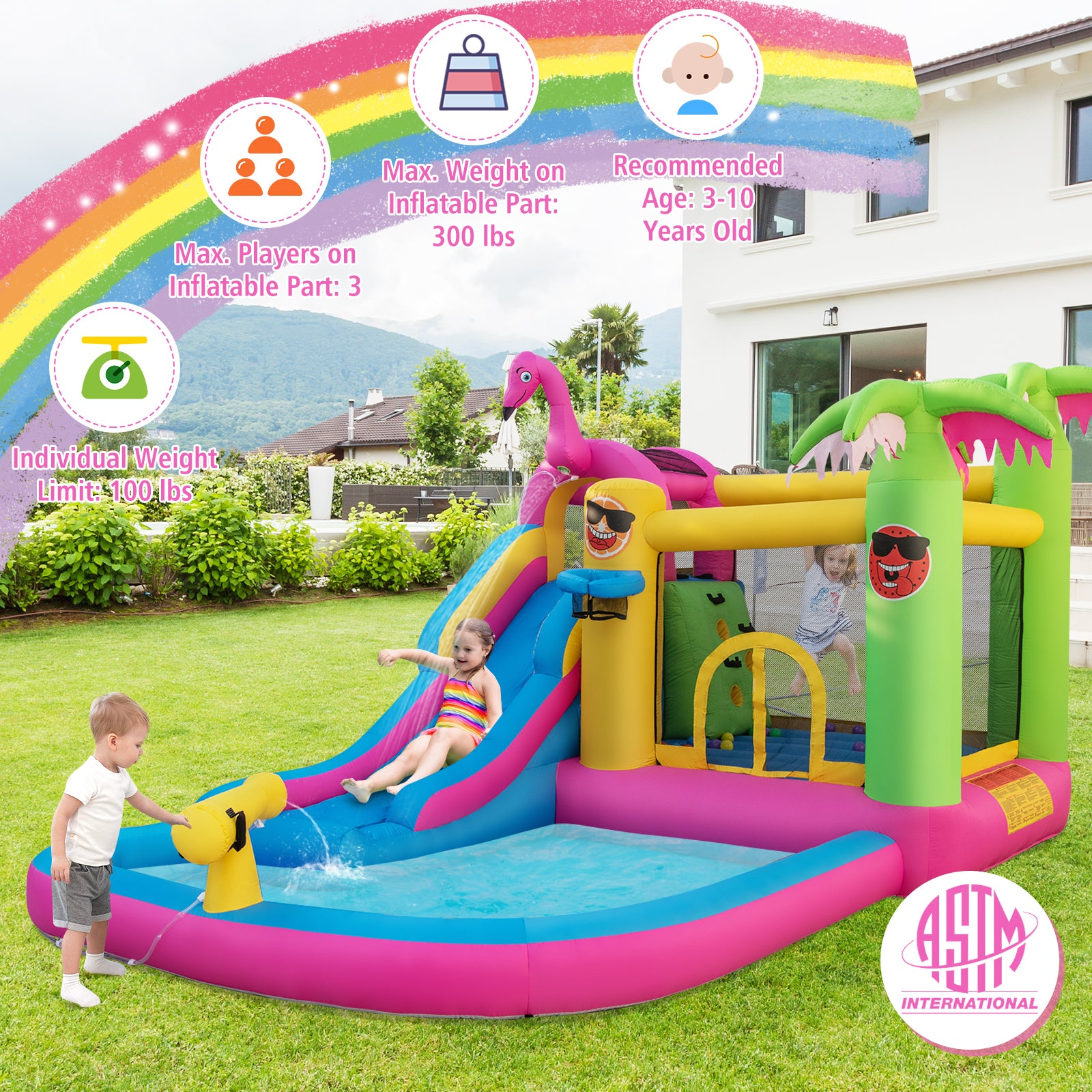  The perfect gift for kids: This giant tropical-themed bouncy castle offers a large inflatable area where up to 3 kids aged 3-10 years old (each weighing under 100 lbs) can play simultaneously. It's sure to be a big hit at birthday parties or during summer vacations, creating lasting memories for your little ones.