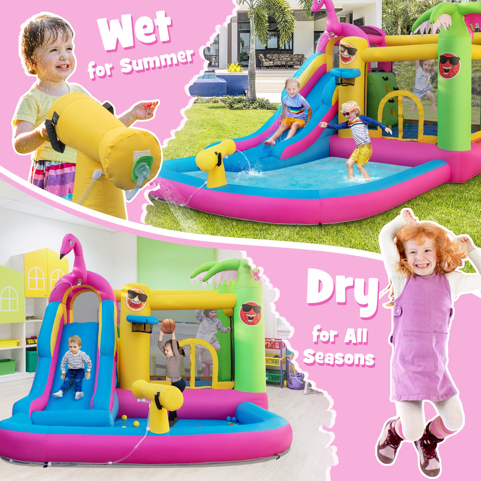 2-in-1 Ways to Play: Watch as your kids embark on thrilling adventures, sliding down the refreshing water slide and splashing into the spacious pool during hot summer days. The included water cannon adds even more excitement. On dry days, they can bounce and enjoy ball shooting fun.