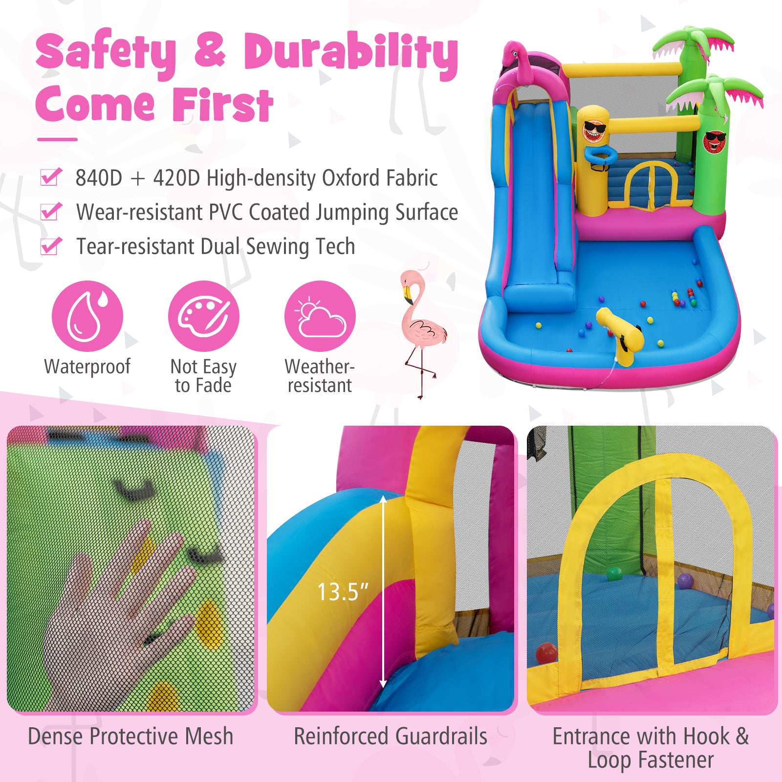 Enhanced durability for non-stop play: Constructed with waterproof and weather-resistant Oxford fabric, our bounce castle is built to withstand years of use. The sliding surface is reinforced with 840D thickened fabric, while the jumping surface is laminated with PVC material for maximum durability.