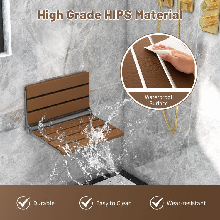 High-Grade HIPS Material: Immerse yourself in luxury with our high-grade HIPS material wall-mounted foldable shower seat. Waterproof, mold-proof, and wear-resistant, it's not just a seat but a statement of durability and style in your bathroom. The wood grain surface adds a touch of nature to your shower space, creating a harmonious and inviting ambiance.