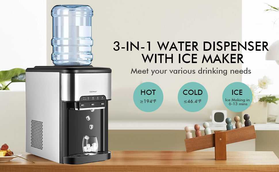 ● Versatile 3-in-1 Performance: Elevate your hydration experience with this countertop water dispenser cooler, boasting a 3-in-1 functionality that caters to your every need. Enjoy piping hot water (≥194℉), refreshingly cold water (≤46.4℉), or the delight of ice-cold beverages with the quick ice-making feature, producing 12 bullet-shaped ice cubes per cycle in just 10-13 minutes.