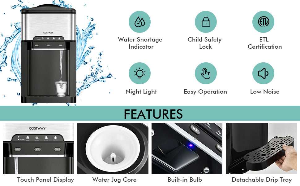● User-Centric Design: This water dispenser comes equipped with a removable drip tray, not only preventing water buildup and countertop dampness but also simplifying the cleaning process. For added convenience, a built-in night light allows you to enjoy a midnight sip without fumbling in the dark.