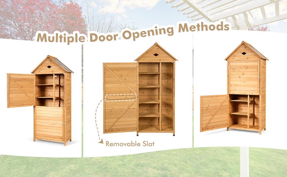 Innovative Double-Door Functionality: Easily transform this unique garden storage shed into a double-door configuration by removing the slats in the center of the door. This design enhancement simplifies access to your stored items and offers versatile door-opening options. Smooth and rust-resistant hinges allow for effortless opening and closing.
