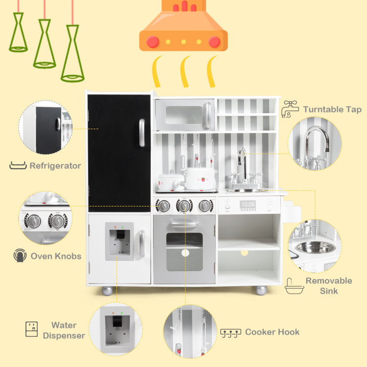 Complete Kitchen Set: This set includes a wide range of kitchen utensils - refrigerator with a blackboard, sink, stove, water dispenser, pans, pots, seasoning bottles, and more. With ample open shelves, enclosed cabinets, and a convenient towel rack, it's a one-stop storage solution for all their play-cooking needs.