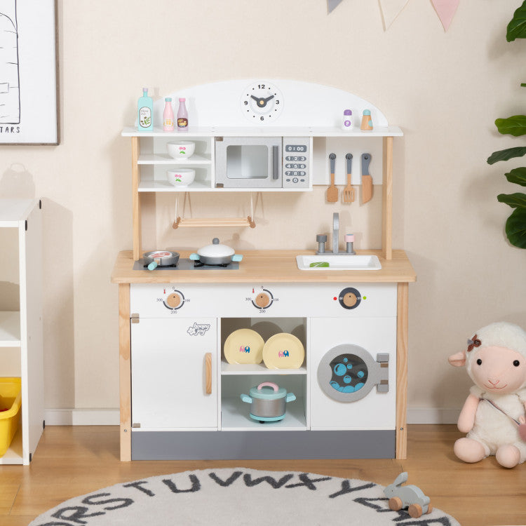 Fun and Educational Gift for Kids: The wooden pretend play kitchen not only brings kids hours of joy but also provides educational and developmental benefits. During the playing process, toddlers will exercise their hands-on ability and learn more about cooking skills.