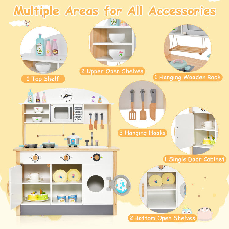 Offer Multiple Storage Space: This kitchen toy features 1 top shelf, 1 hanging wooden rack, 1 single door cabinet, 2 upper open shelves, 2 bottom shelves, and 3 hanging hooks. Kids can freely hide various kitchen accessories and learn how to well organize their items.