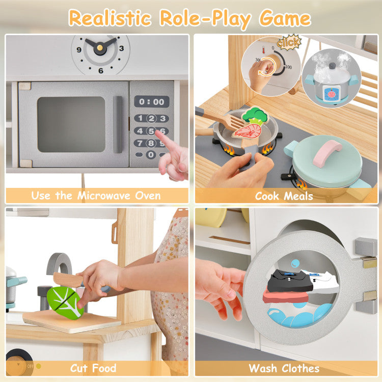Realistic Role-Play Game: The kitchen play set is equipped with 2 stoves, 1 microwave oven, 1 faucet, 1 sink, and 1 washing machine for imaginative playing. Kids can pretend to use the microwave oven, cook meals, wash fruit, or wash clothes to get role-play fun.