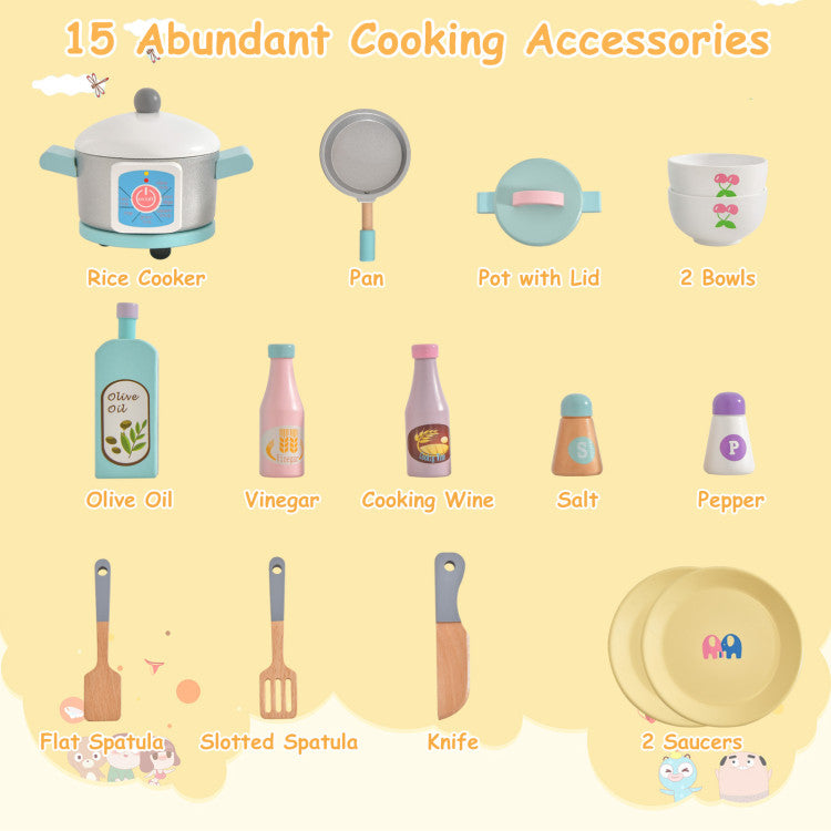 15 Cooking Accessories: The play kitchen has 15 abundant cooking accessories, including 1 rice cooker, 1 pan, 1 pot with lid, 1 knife, 1 flat spatula, 1 slotted spatula, 2 bowls, and 2 saucers, offering kids different tools to play. Plus, 1 olive oil, 1 vinegar, 1 cooking wine, 1 pepper, and 1 salt also ensure a more realistic experience.